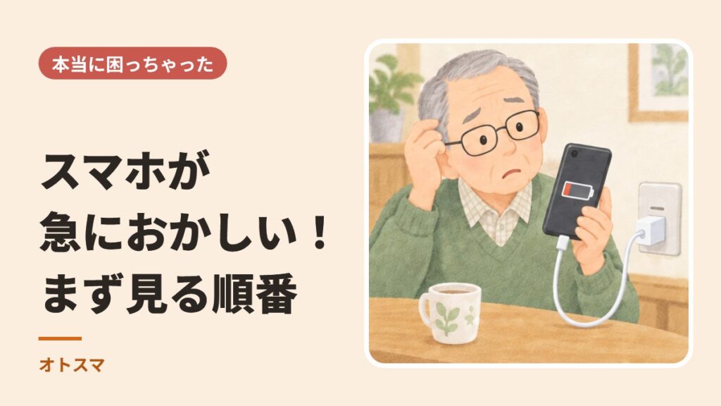 スマホの電池の表示を見て困った顔をしている年配の男性のイラストと、「スマホが急におかしい！まず見る順番」の文字
