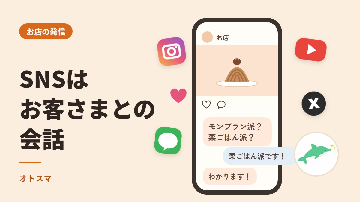 SNSはお客さまとの会話。スマホの投稿とコメントのやりとり、まわりにSNSのアイコン