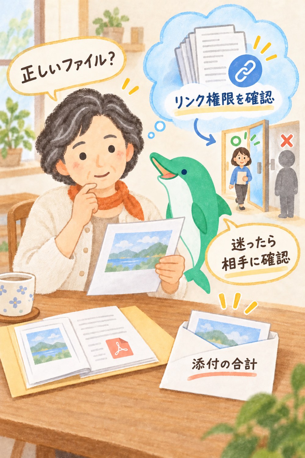 添付ファイルの名前・中身・宛先を確認し、サイズ上限超過時はリンク共有の設定を確かめる