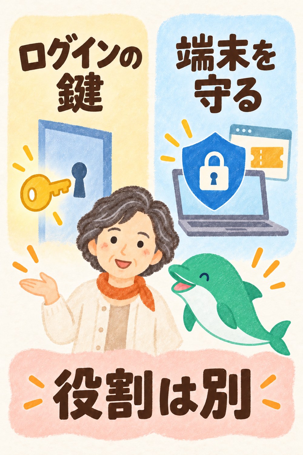 パスキーによるログイン保護と端末のマルウェア対策は役割が異なることを示す図