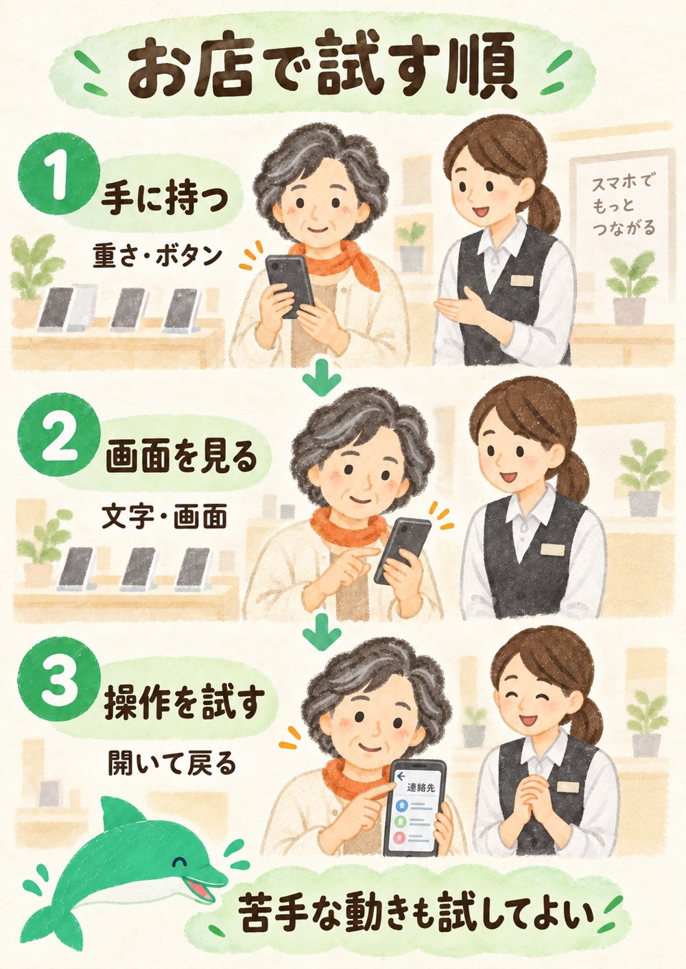 店頭で重さや画面を確かめ、店員の説明を聞いて操作する順。電話は標準練習では発信前に戻る。