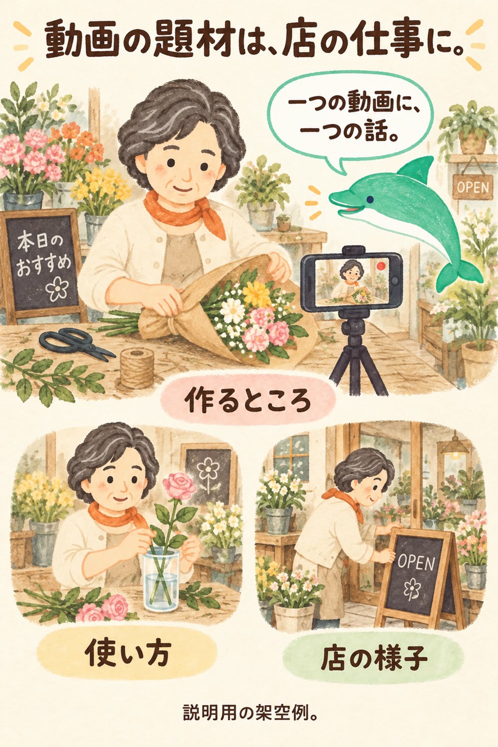 花束を包む、花の使い方を伝える、開店を準備する三つの仕事を動画の題材にする架空の花店の場面。