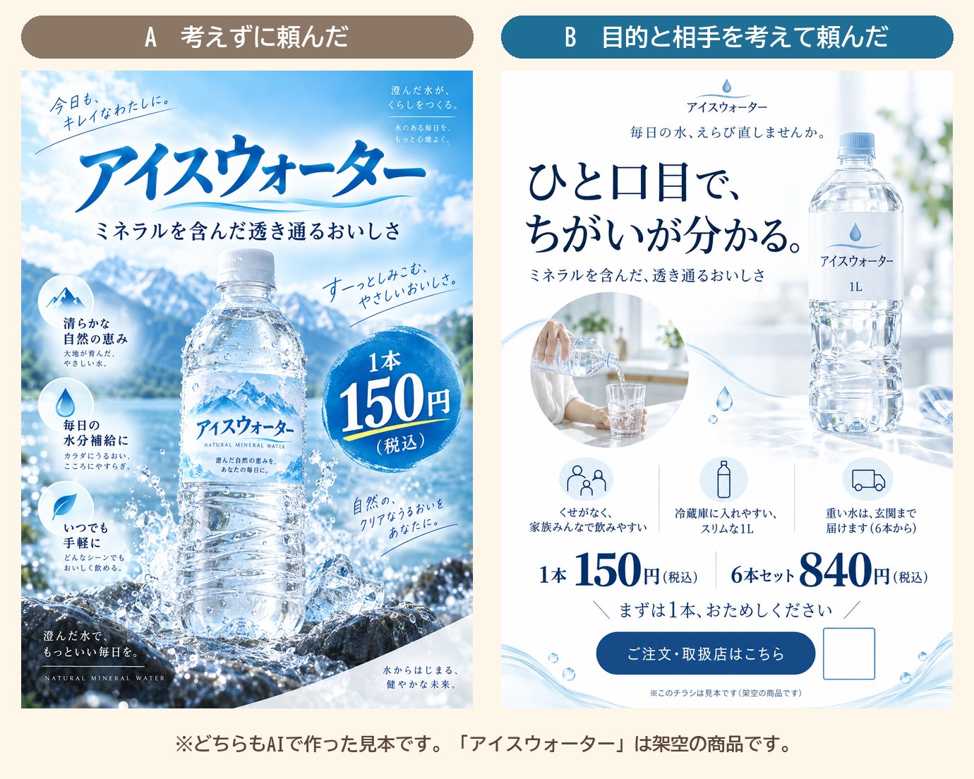 AIで作った水のチラシの見本2枚。Aは1行で頼んだもので、雪山と水しぶきの絵に、頼んでいない言葉がたくさん入っている。Bは目的と30代女性を考えて頼んだもので、白が多くすっきりし、良いところ3つ・値段・注文のボタンがある。どちらも架空の商品