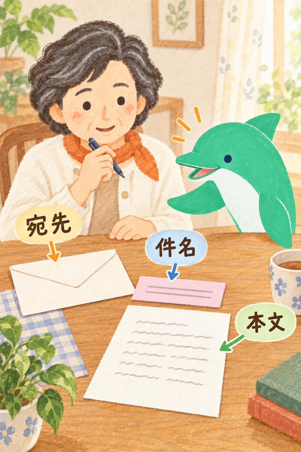 封筒を宛先、題名札を件名、手紙を本文に見立て、メールの三つの欄の役割を説明する図。