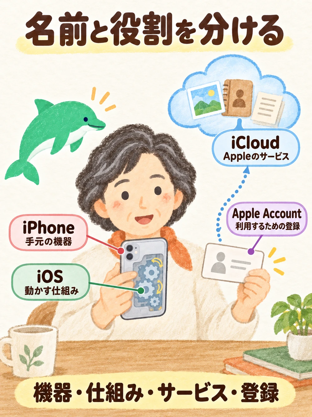 iPhoneは機器、iOSは基本ソフト、iCloudはサービス、Apple Accountは利用するための登録という図