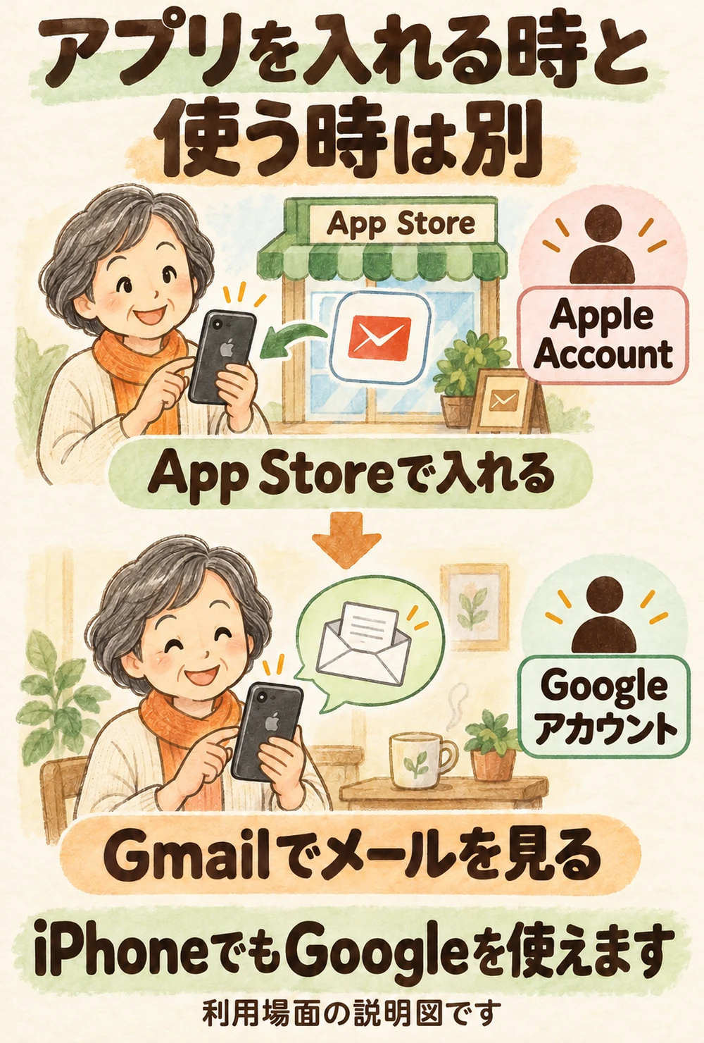 同じiPhoneで、App Storeからアプリを入れる場面はApple Account、Gmailで自分のメールを見る場面はGoogleアカウントを使うことを分けた説明図。