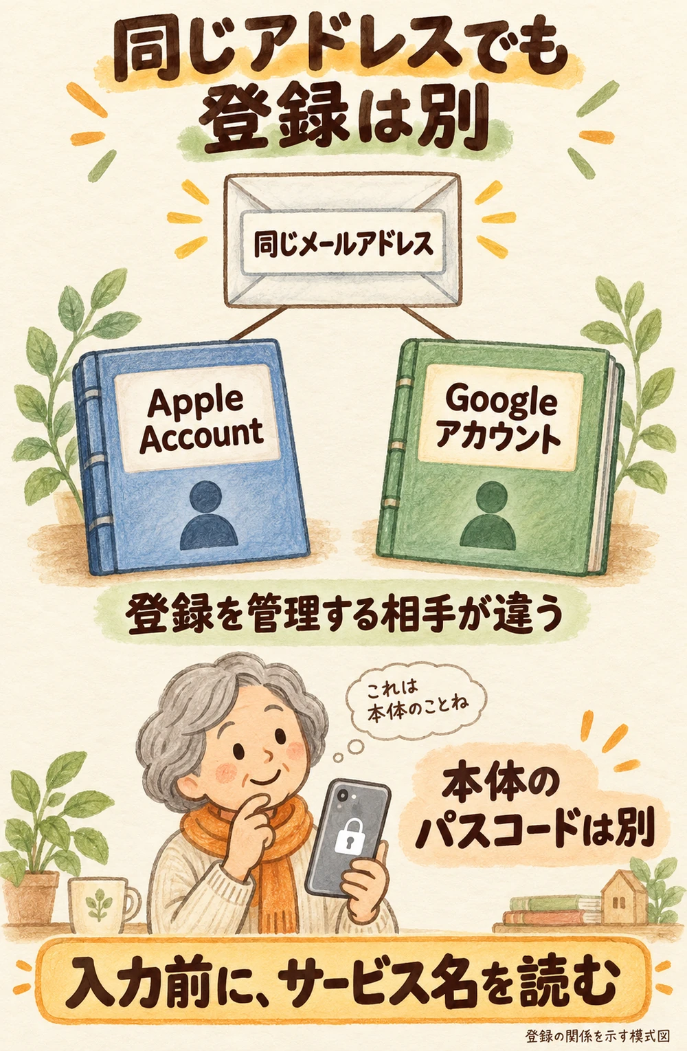 同じメールアドレスを連絡先に使っても、Apple AccountとGoogleアカウントは別々の登録。iPhone本体のパスコードとも分け、入力前にサービス名を読む。