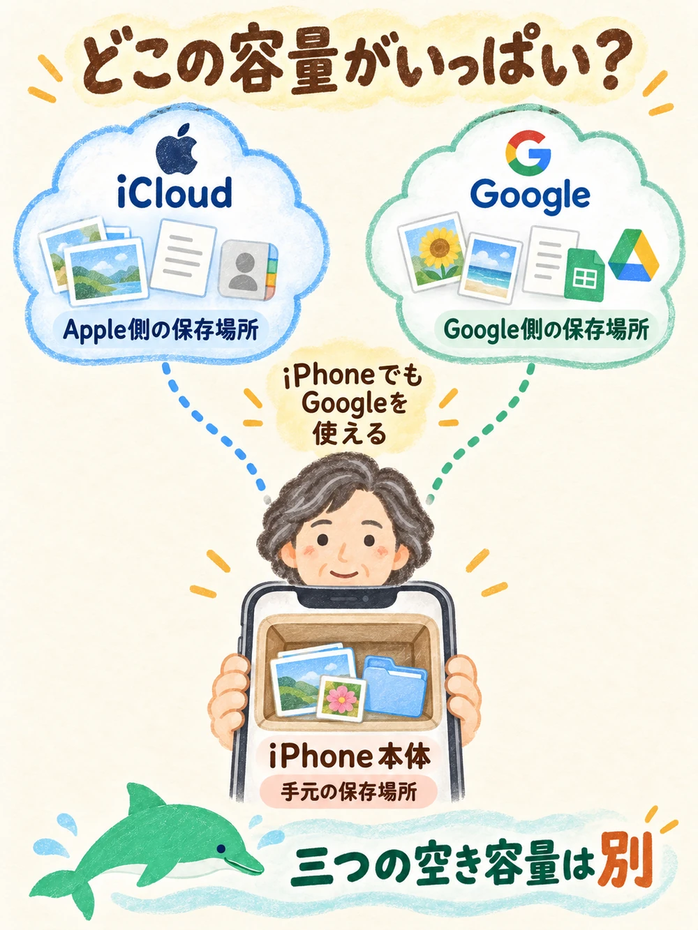 iPhone本体、iCloud、Googleの容量は別の場所という図