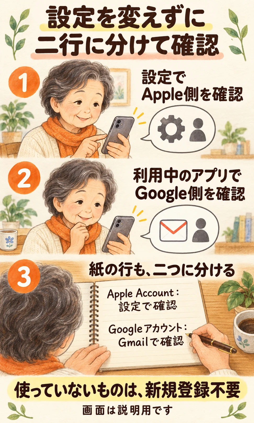 設定でApple側、利用中のGoogleアプリでGoogle側の表示を確認し、紙の二項目に分けて記録する。設定変更や未使用アカウントの新規登録は不要。