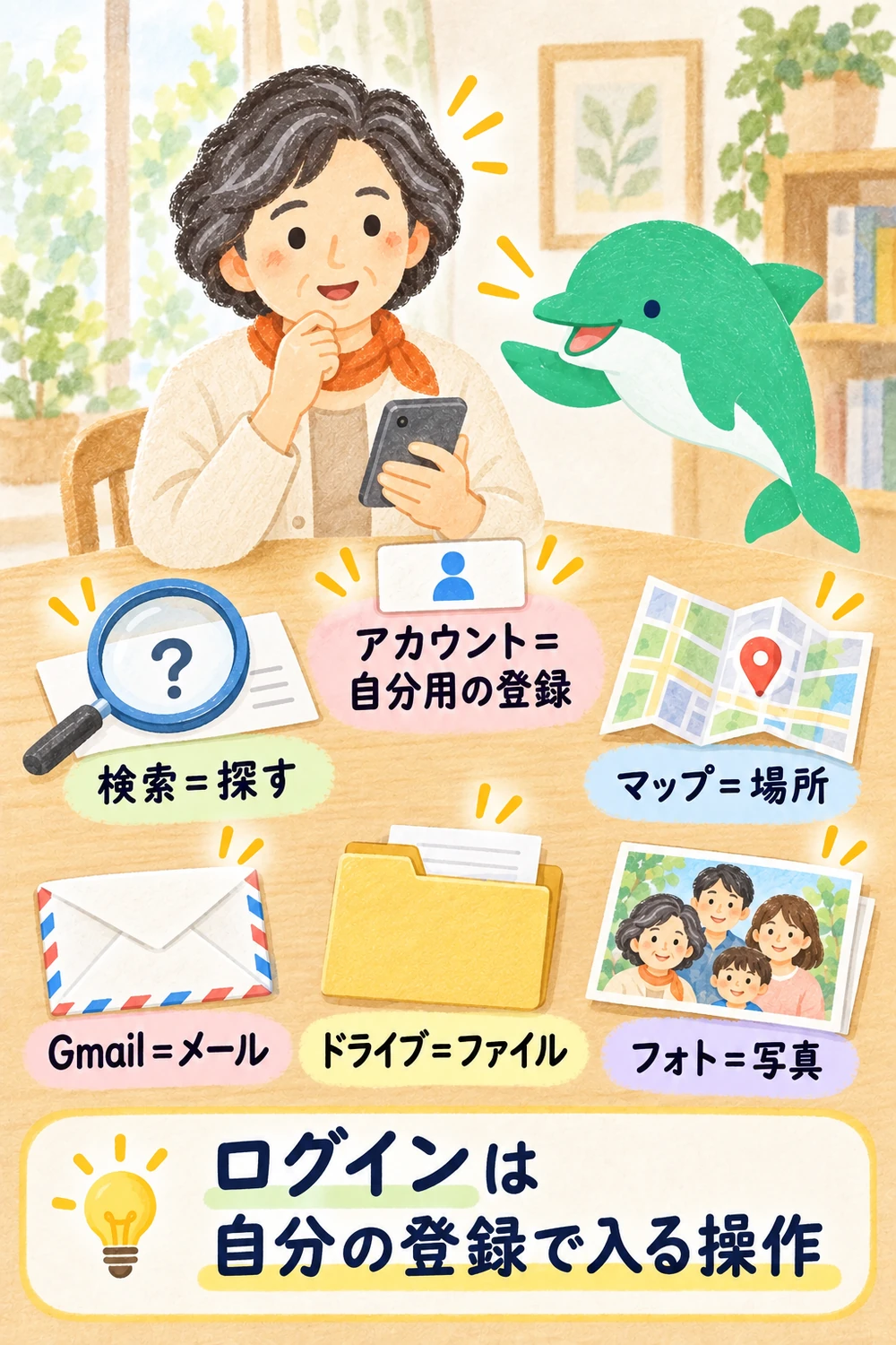 Googleの検索・マップ・Gmail・ドライブ・フォトの役割を示し、アカウントは自分用の登録、ログインはその登録で入る操作と分けた図。
