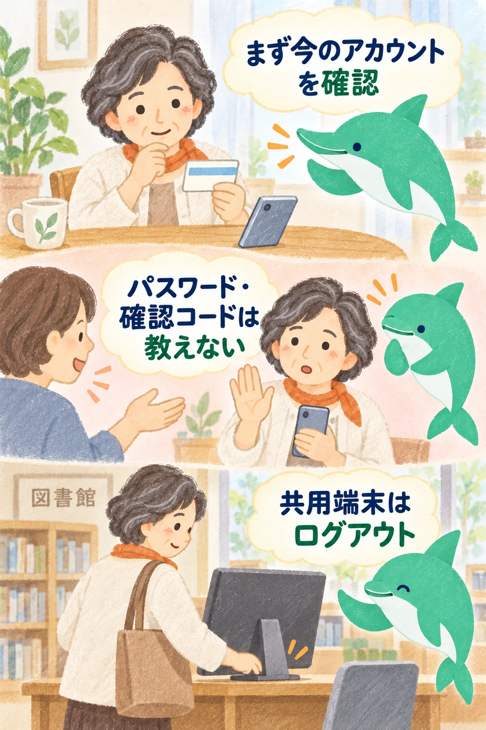 今あるGoogleアカウントを確かめ、パスワードや確認コードを人に教えず、共用端末ではログアウトする場面の図。