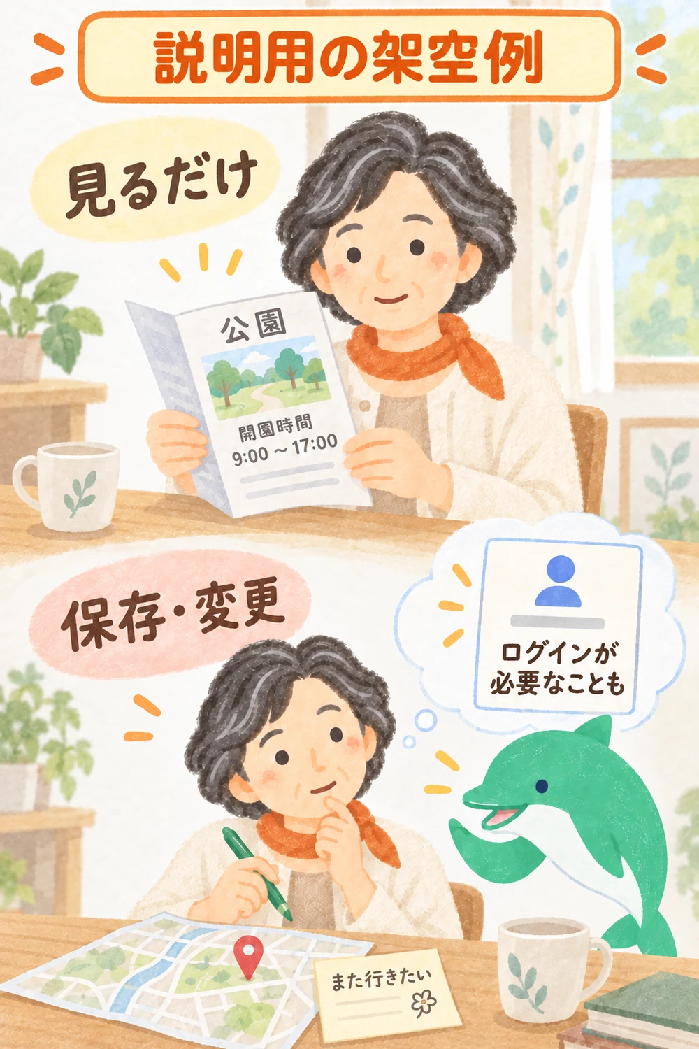 公開情報の閲覧と、Googleアカウントで保存・投稿する操作の区別。