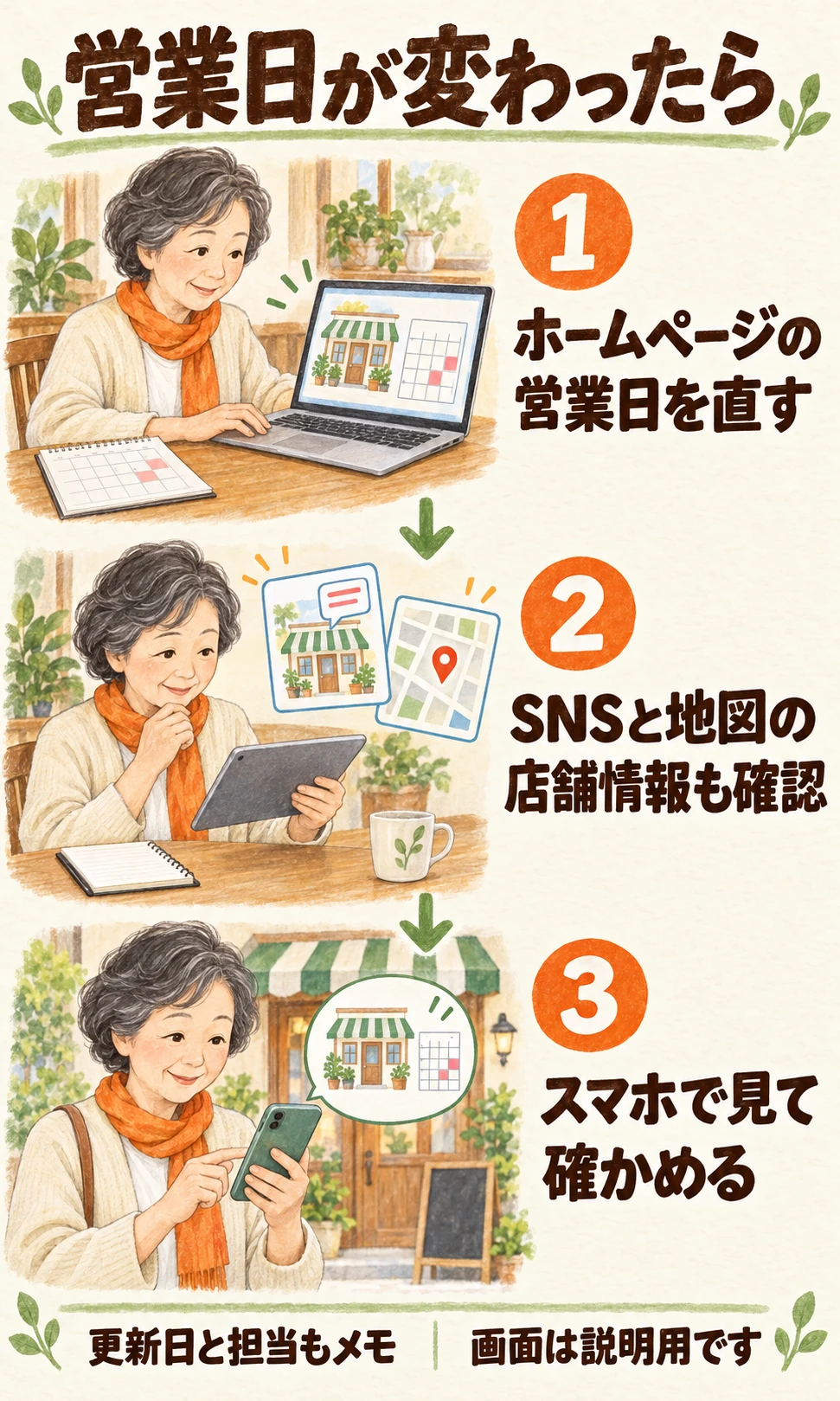 ホームページの営業日を直し、SNSと地図の店舗情報も確認して、最後にスマホで見て確かめる三つの場面。画面は説明用です。