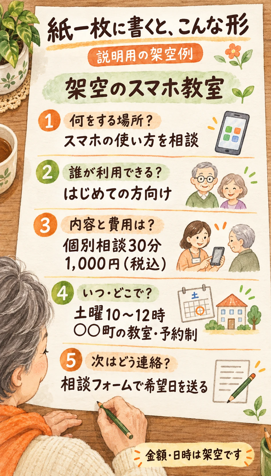 架空のスマホ教室を例に、仕事内容、対象、費用、日時と場所、相談方法を紙一枚に書いた見本。