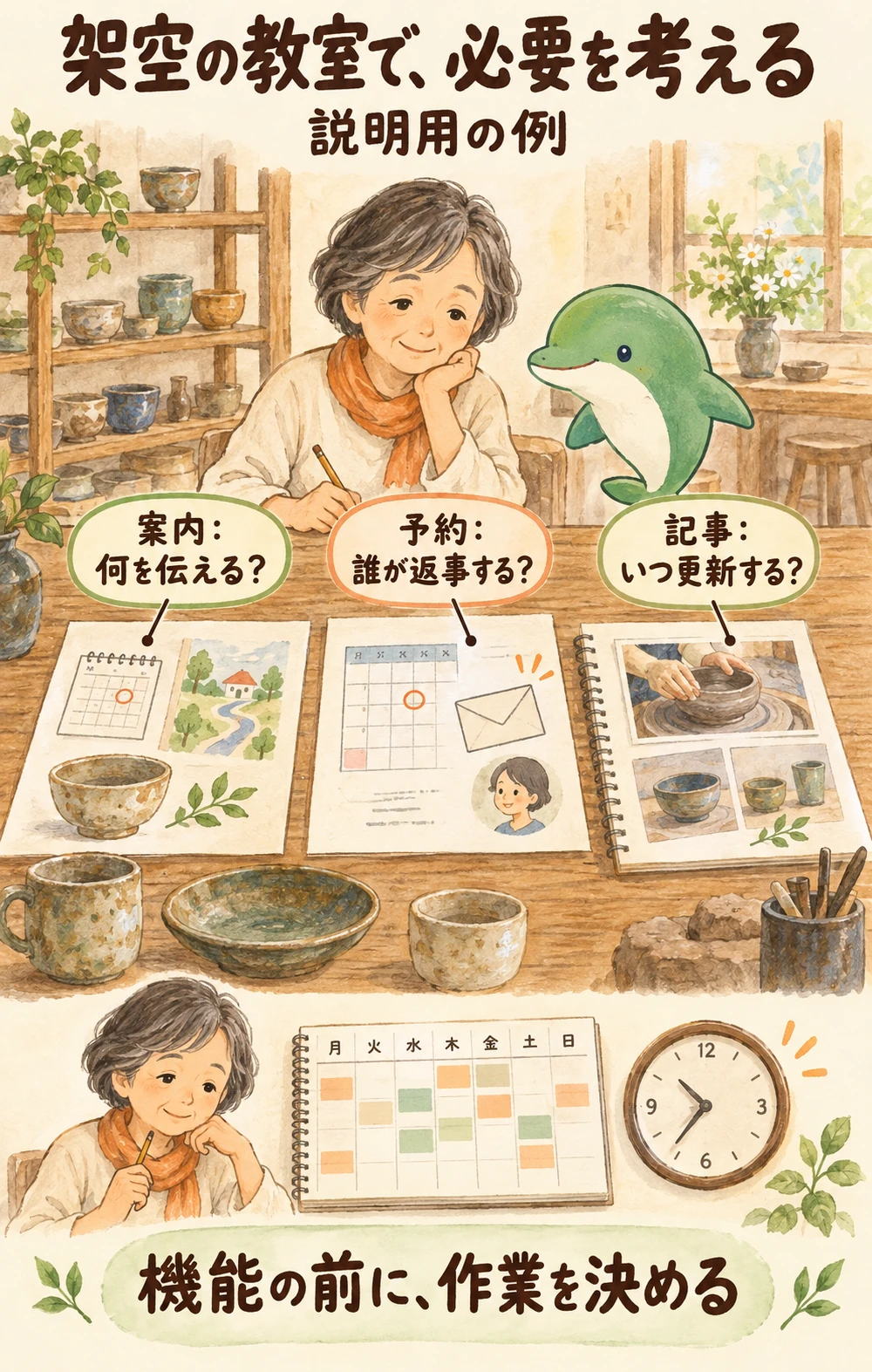 架空の教室で、案内は何を伝えるか、予約は誰が返事するか、記事はいつ更新するかを考える場面。機能の前に作業を決めます。
