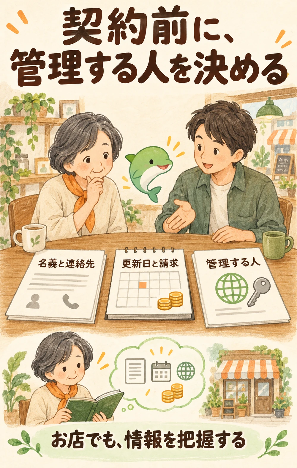 お店の人と支援者が、契約の名義と連絡先、更新日と請求、管理する人を確認する場面。お店でも情報を把握します。