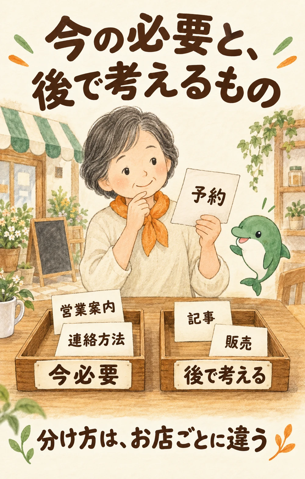 営業案内と連絡方法を今必要なもの、記事と販売を後で考えるものに仮置きし、予約の必要性を考える例。分け方はお店ごとに違います。