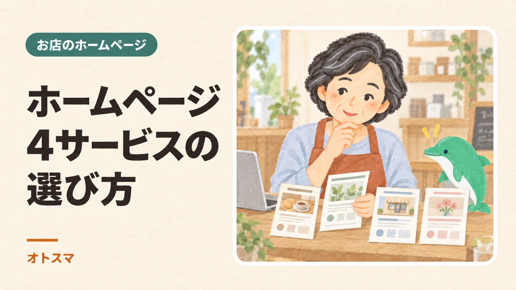 お店のホームページ4サービス比較|更新・料金・移行で選ぶを説明する表紙イラスト。