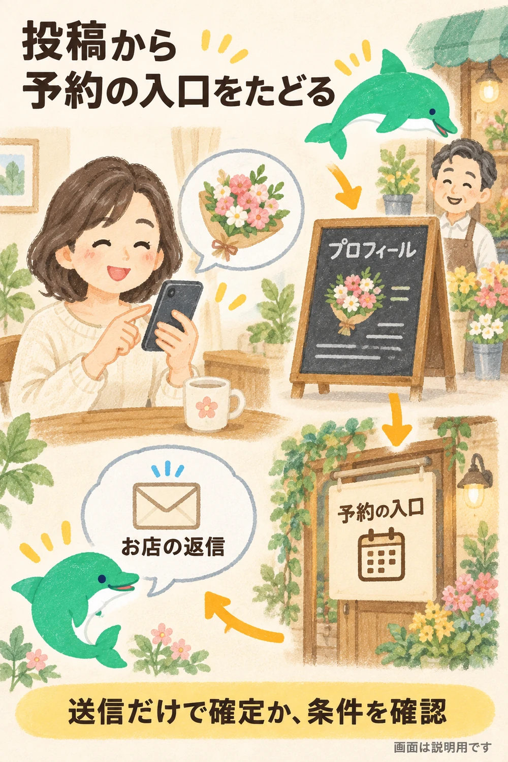 花束の投稿を見た人が、プロフィール、予約の入口、お店の返信をたどる流れ。