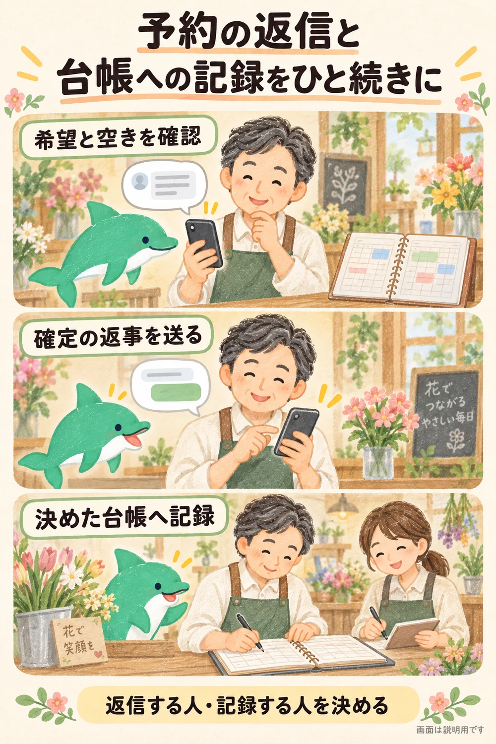 予約の希望と空きを確認し、確定の返信を送り、担当者が決めた予約台帳へ記録する場面。