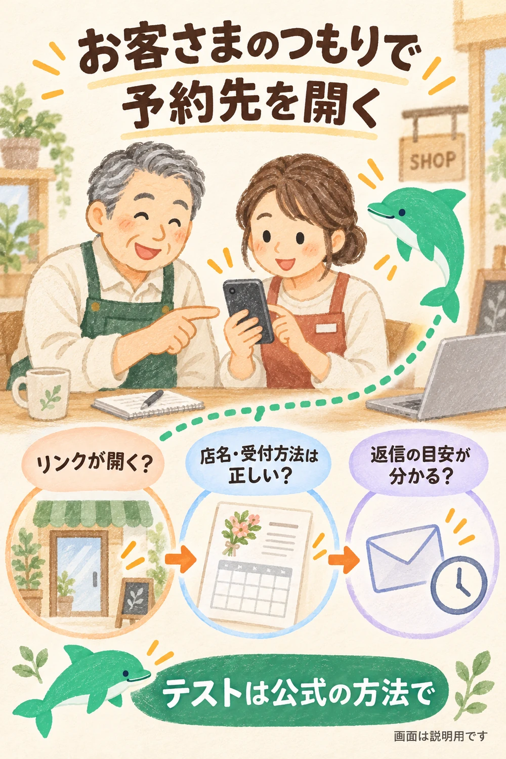 初めてのお客さまのつもりで予約リンクを開き、店名と受付方法、返信の目安が分かるか点検する場面。