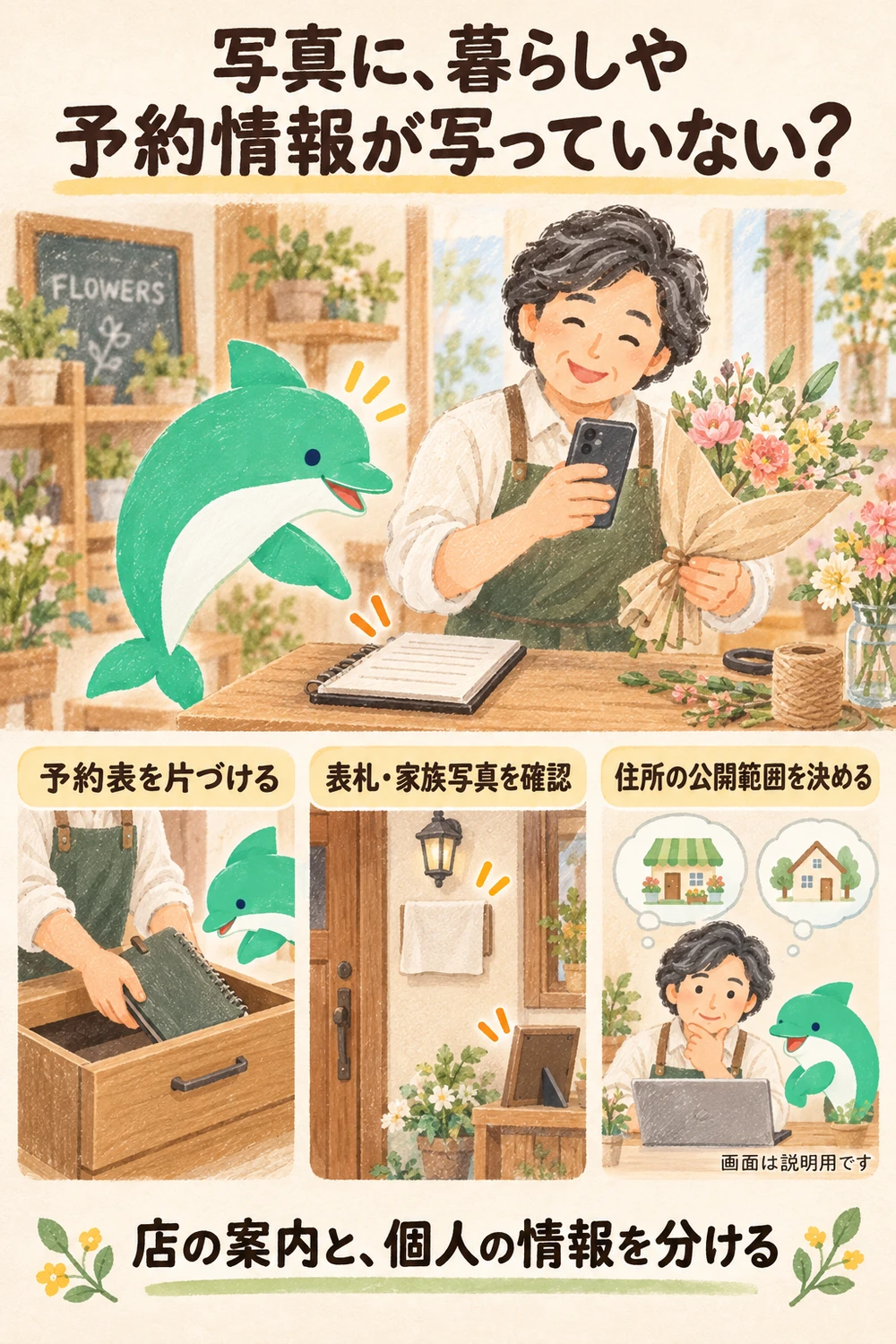 花束の撮影前に予約表を片づけ、背景の表札や家族写真を確認し、住所を公開する範囲を考える店主。