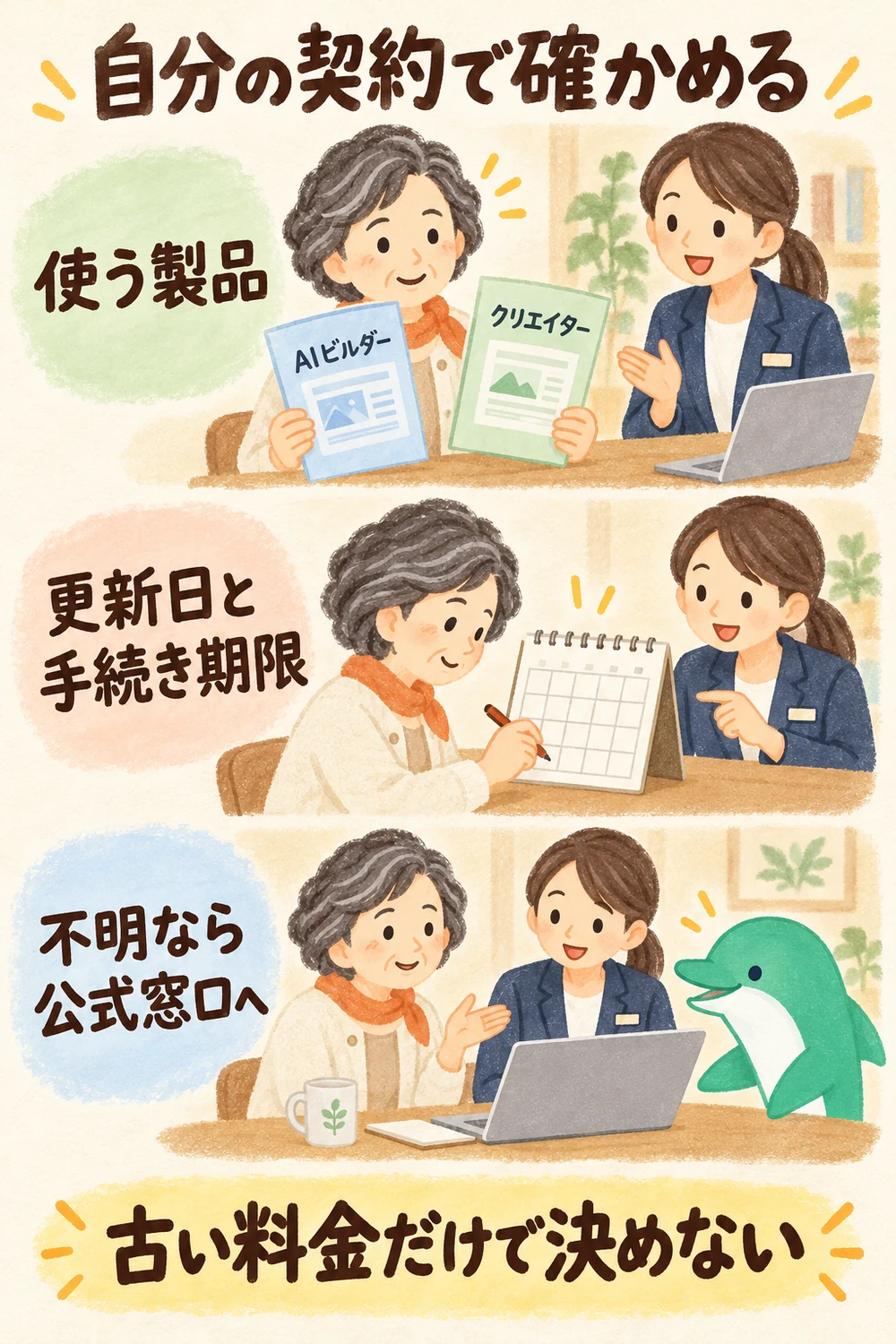 契約者・独自ドメイン・更新日・解約前の保存を確認する図