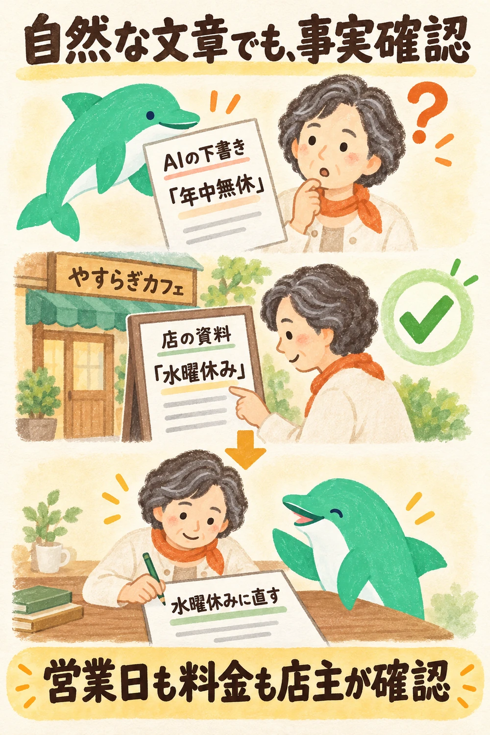 AIで作った店舗案内を実際の情報と照合してから公開する手順。