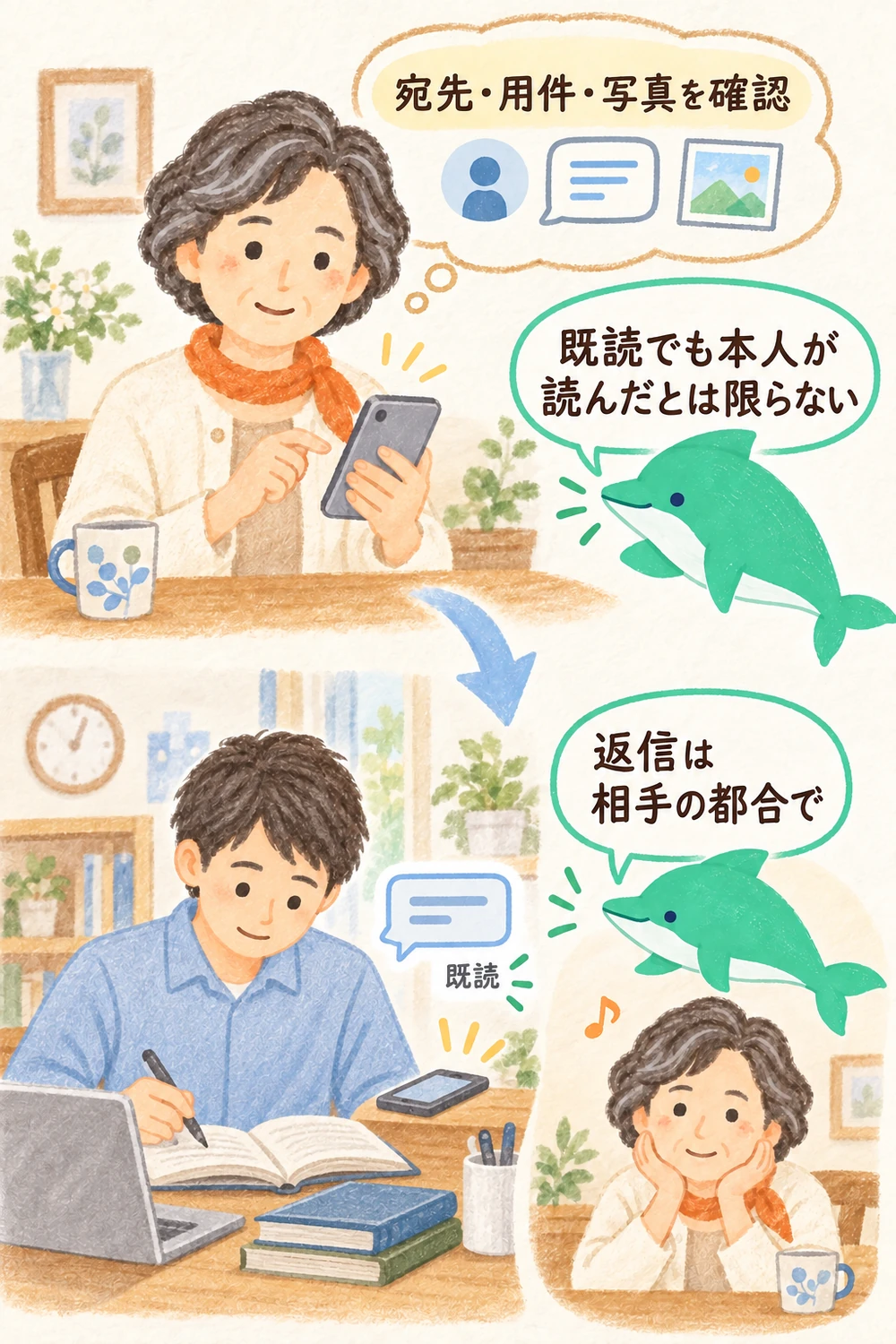 送信前に宛先・用件・写真を確かめる人と、既読表示だけでは相手の気持ちや返信の時刻を決められないことを示す図。
