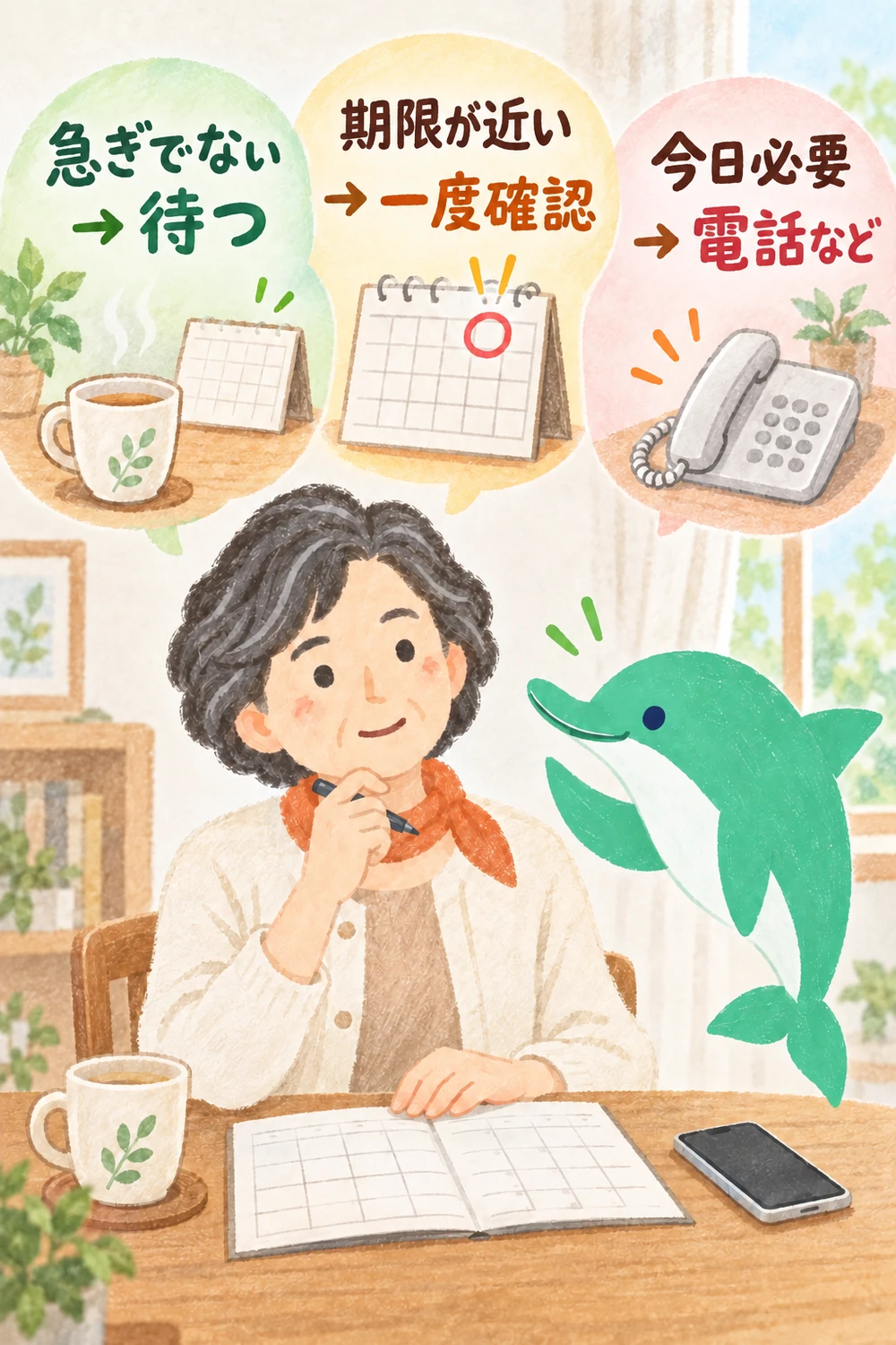 返事が急ぎでなければ待ち、期限が近づいたら一度確認し、今日必要なら電話など別の方法を選ぶ図。