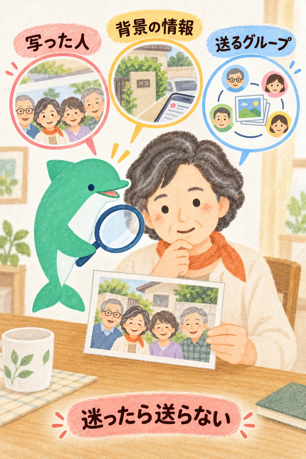 写真を送る前に写っている人・情報・共有するグループを確かめる図