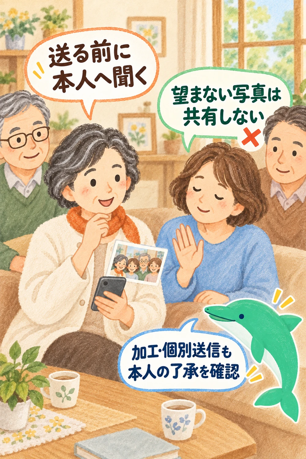 写真に写った本人へ共有を確認し、望まない写真は共有しない。加工版や個別送信も本人の了承が必要と示す図。