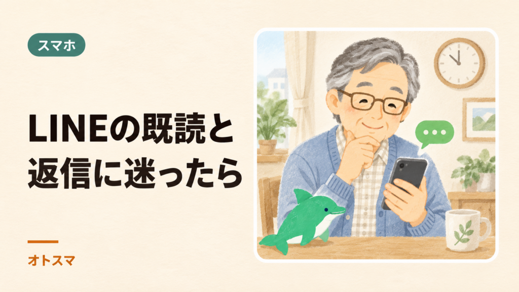 LINEの既読・返信に迷ったら。送る時間と写真のマナーをやさしく整理を説明する表紙イラスト。