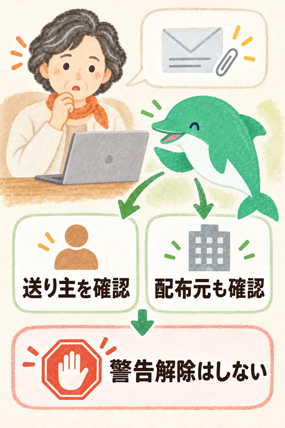 依頼元とソフトの配布元をそれぞれ確かめ、警告を無効にする指示は止めて相談する図