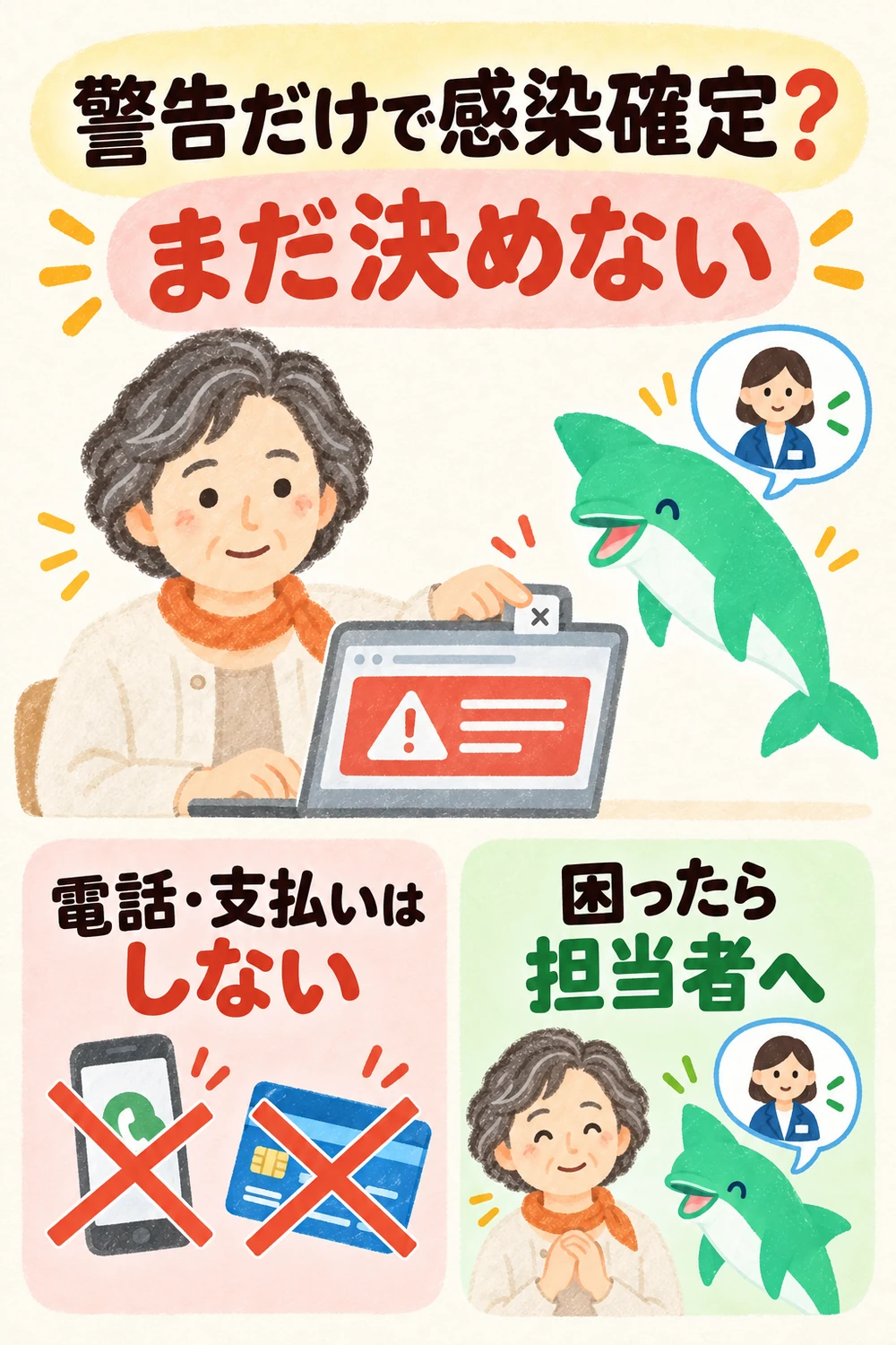 偽の警告表示だけで感染と決めず電話や支払いをせず、操作不能なら職場の担当者へ相談する図