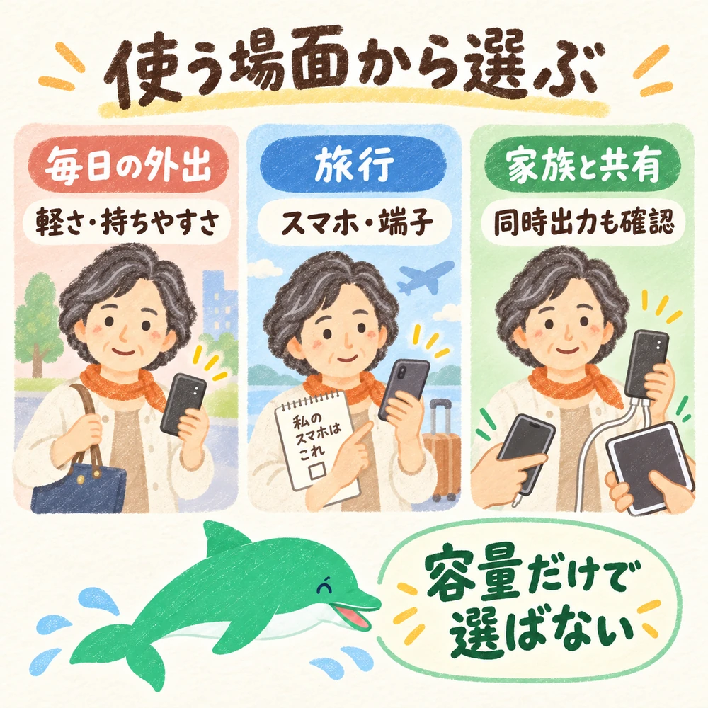 毎日持ち歩くか旅行用かを決めて、必要な容量・出力・重さを考える図