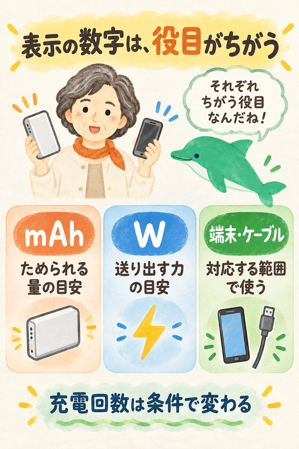 mAhはためる量、Wは送り出す力、端末とケーブルの対応も見る図