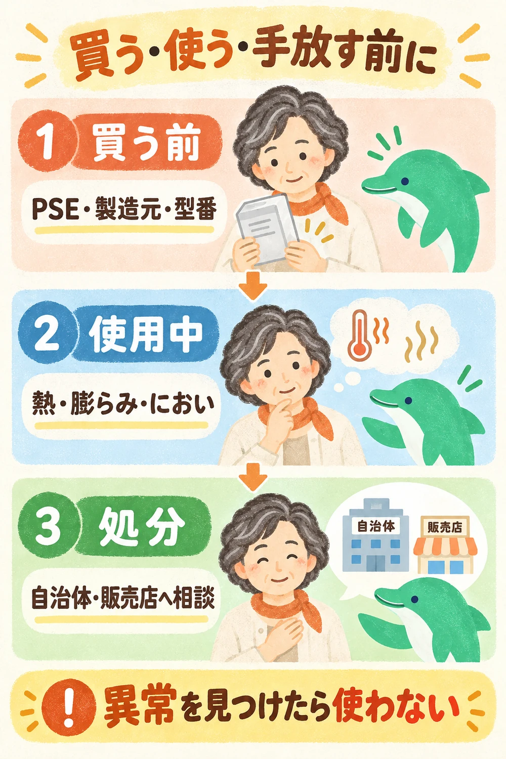 PSEと製品情報を確認し、膨張・異常な熱・においがあれば使用を止める図