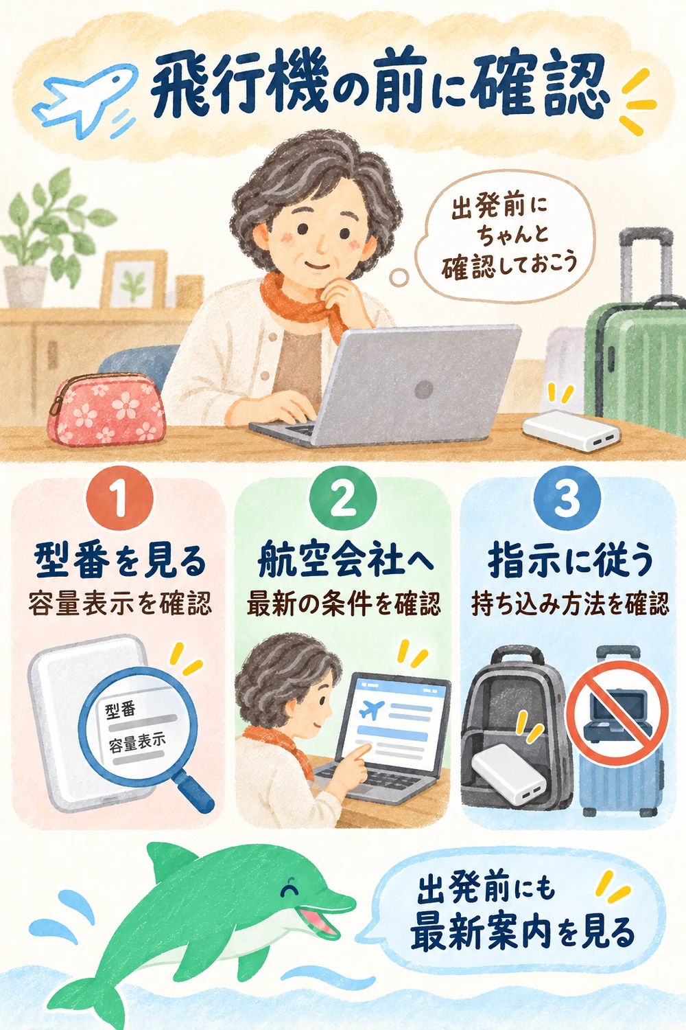 搭乗前に容量表示、航空会社の最新条件、持ち込み方法を確かめる図。