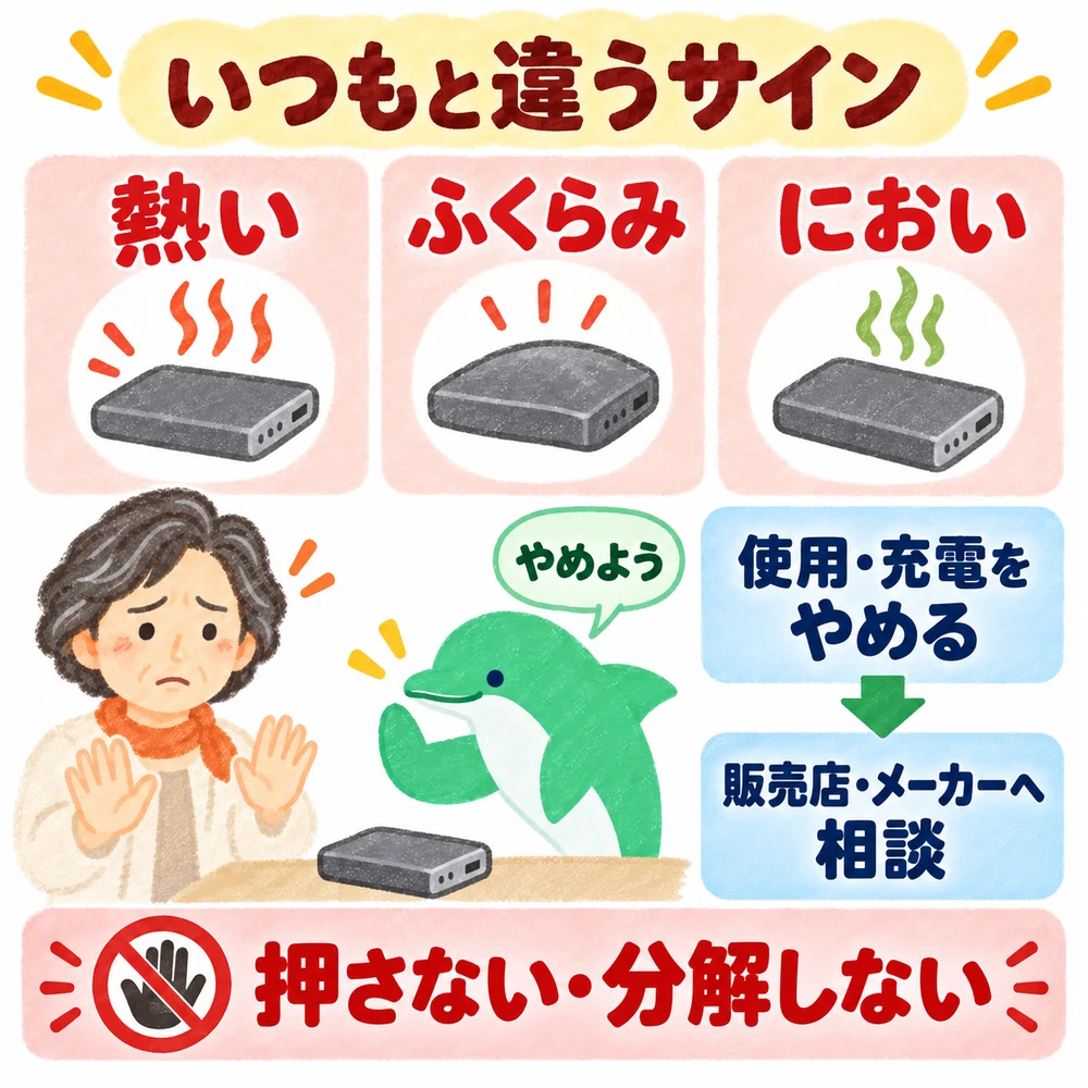 使用中に異常な熱や変形があれば使用をやめる安全対応図。
