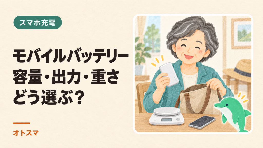 モバイルバッテリーの選び方。容量・出力・重さと安全の確認を説明する表紙イラスト。