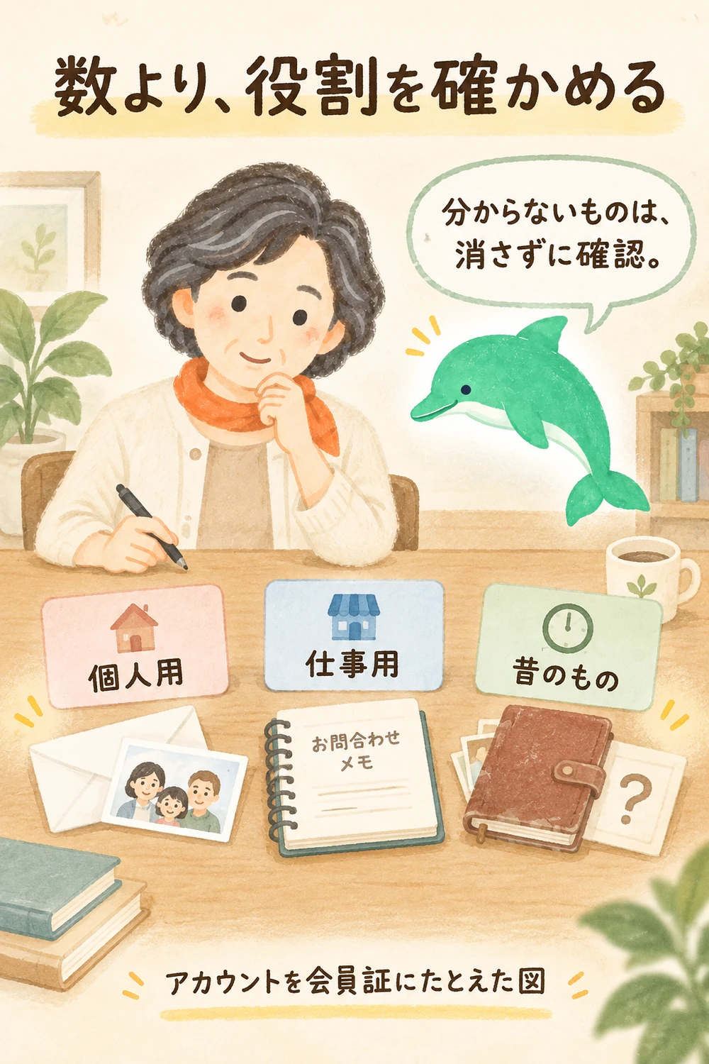 個人用、仕事用、昔のものの役割と中身を確かめる女性。