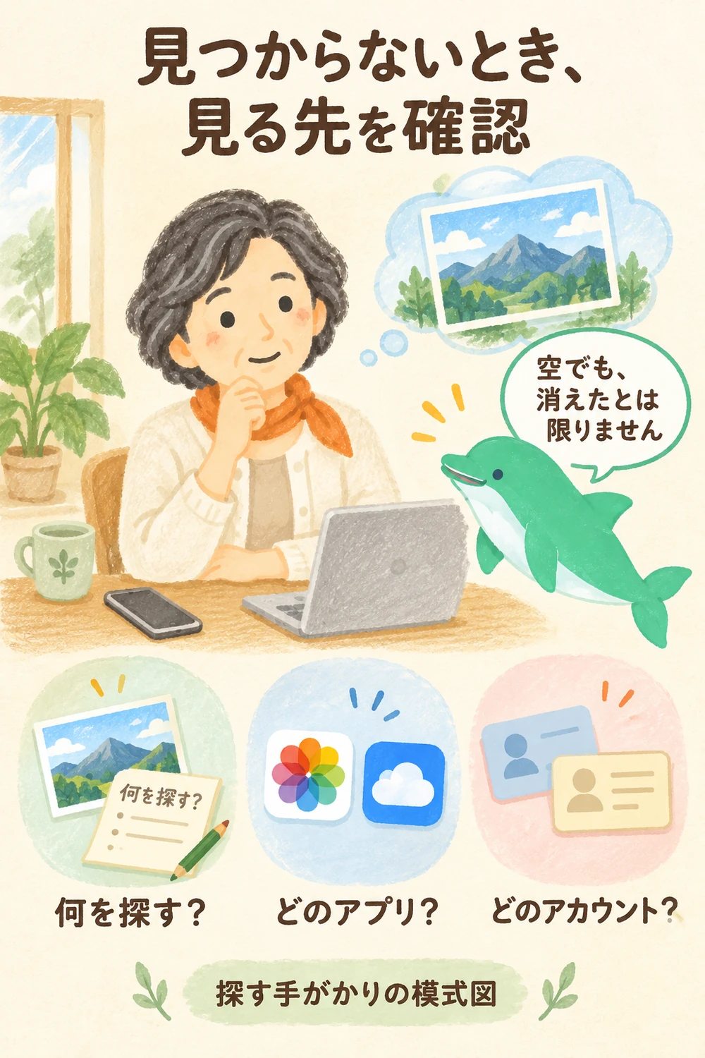 旅行写真を探す女性が、探すもの、以前に使ったアプリ、表示中のアカウントを手がかりに確かめる図。