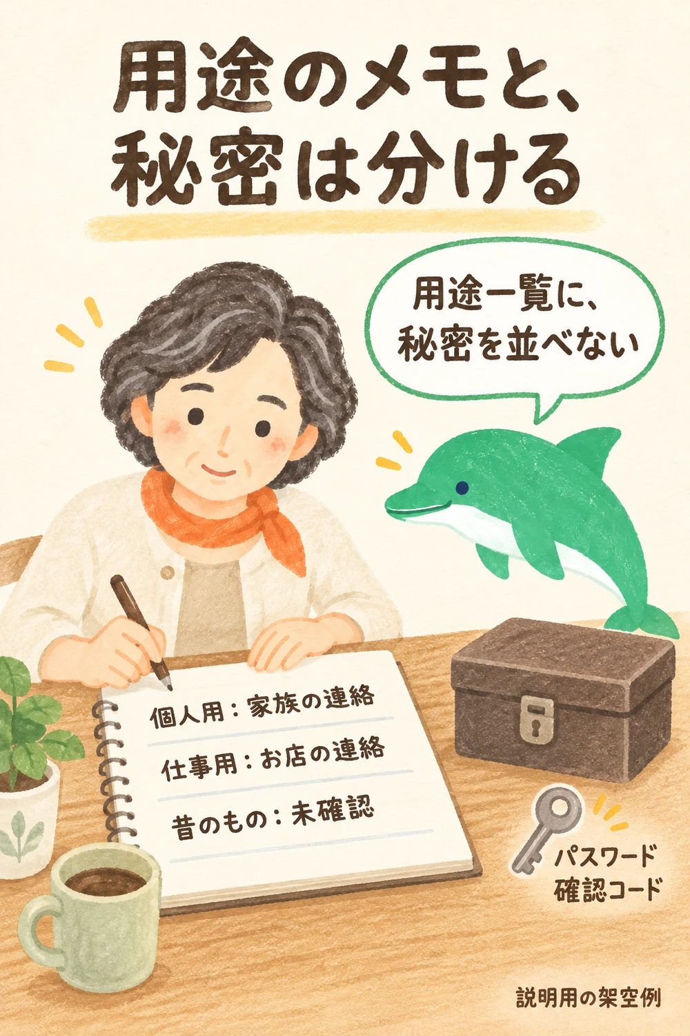 個人用・仕事用・未確認の用途メモと、パスワードや確認コードを分ける女性。