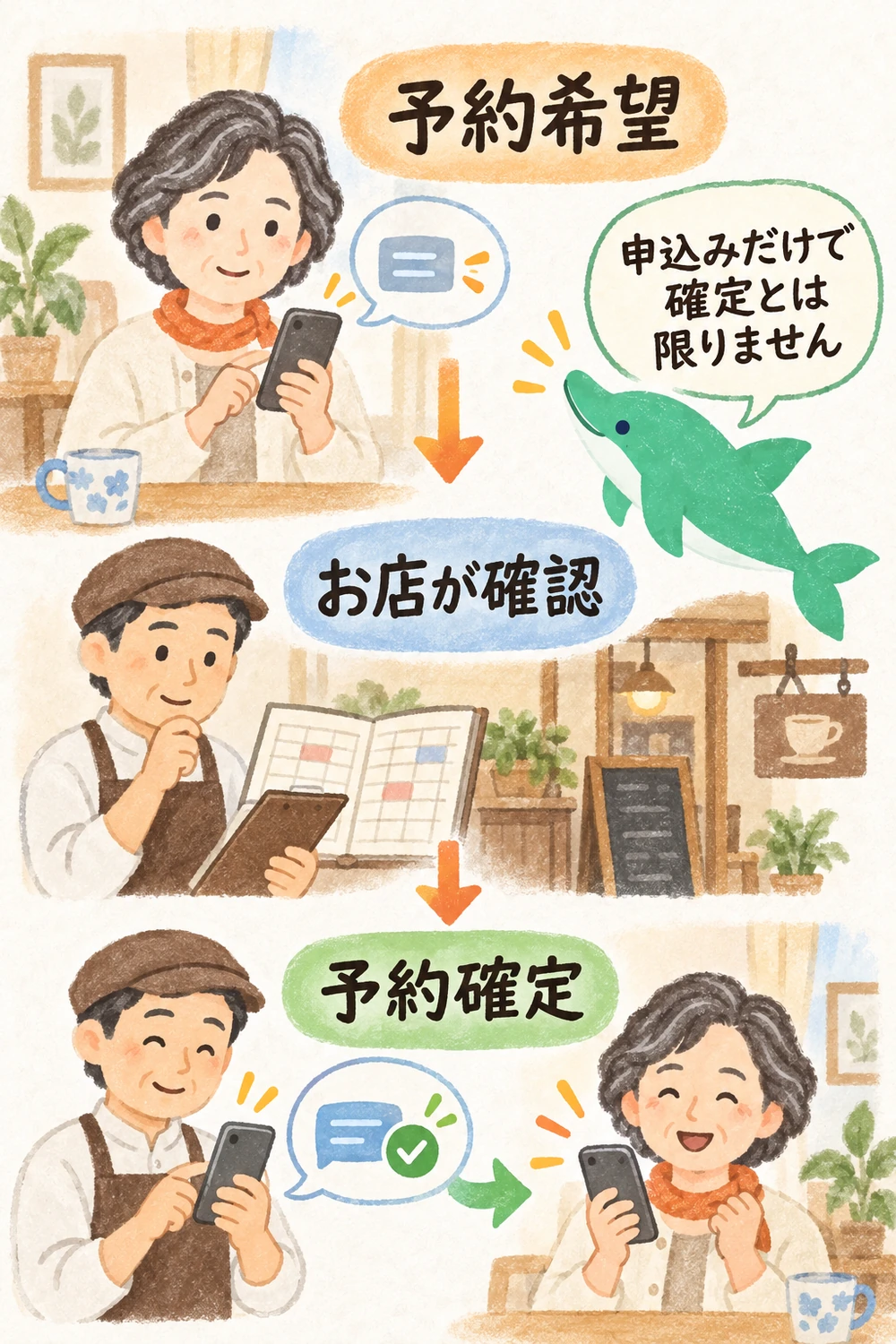 予約受付から台帳、確定連絡、当日までに分けた予約の流れ