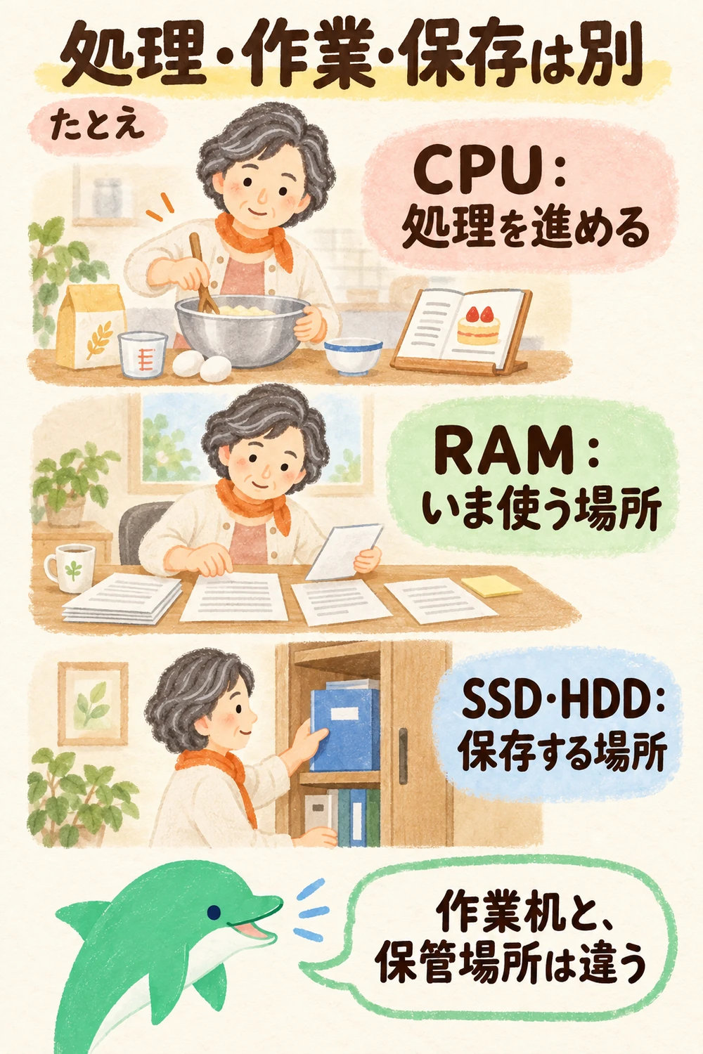 CPUは処理、RAMは一時的な作業場所、SSDやHDDは保存場所という役割を示す図