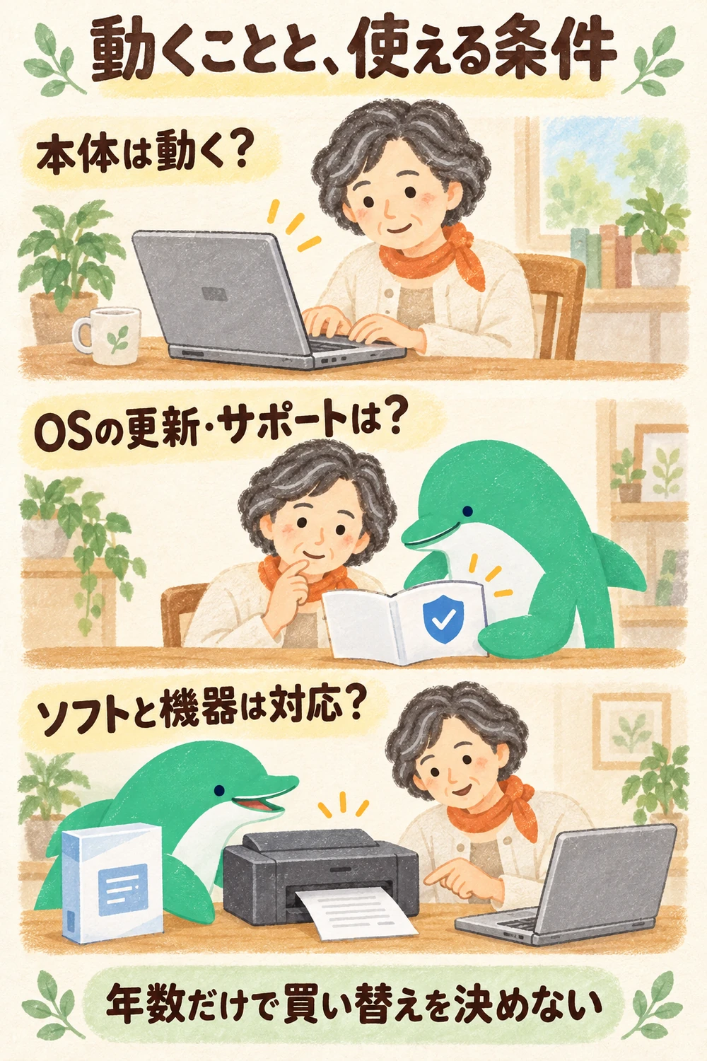 本体が動くこと、OSのサポート、使うソフトの対応をそれぞれ確認する図