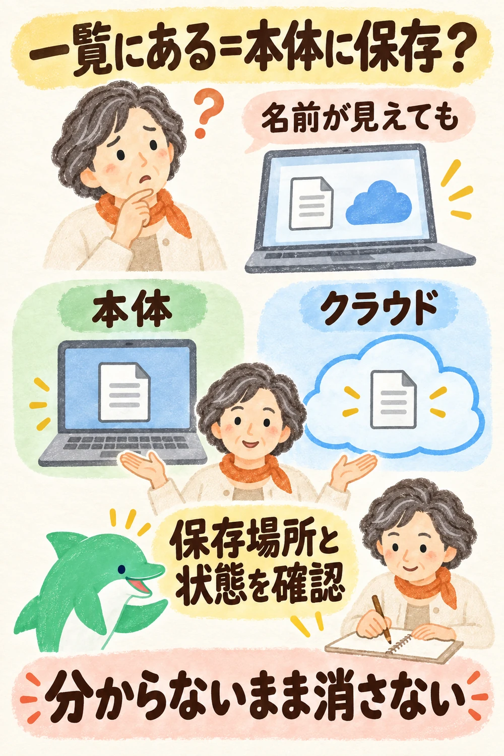 本体内の保存、クラウドの保存、同期の状態を分けて確認する図