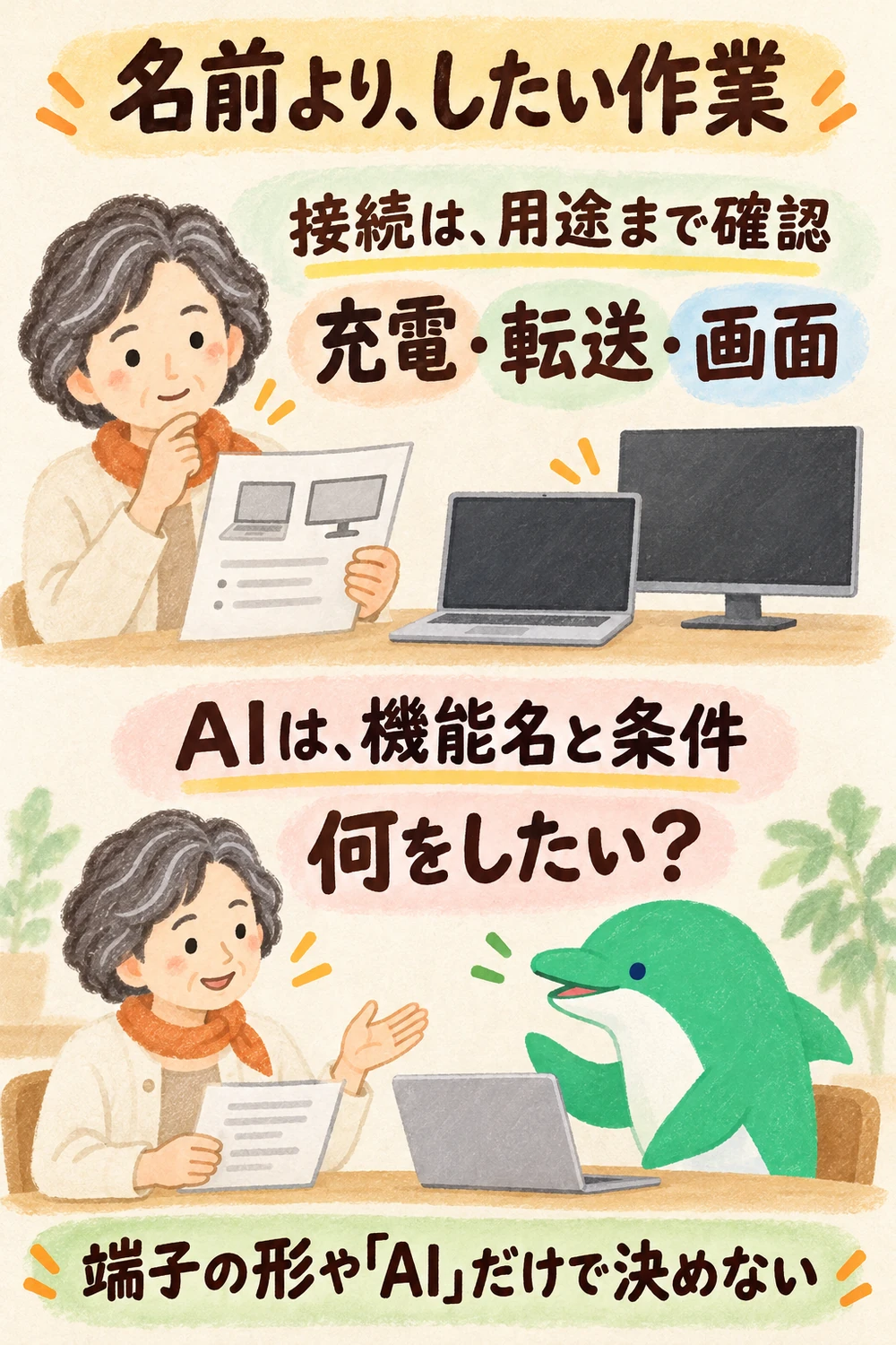 接続は形と用途、AIは機能名と必要条件を確かめる図