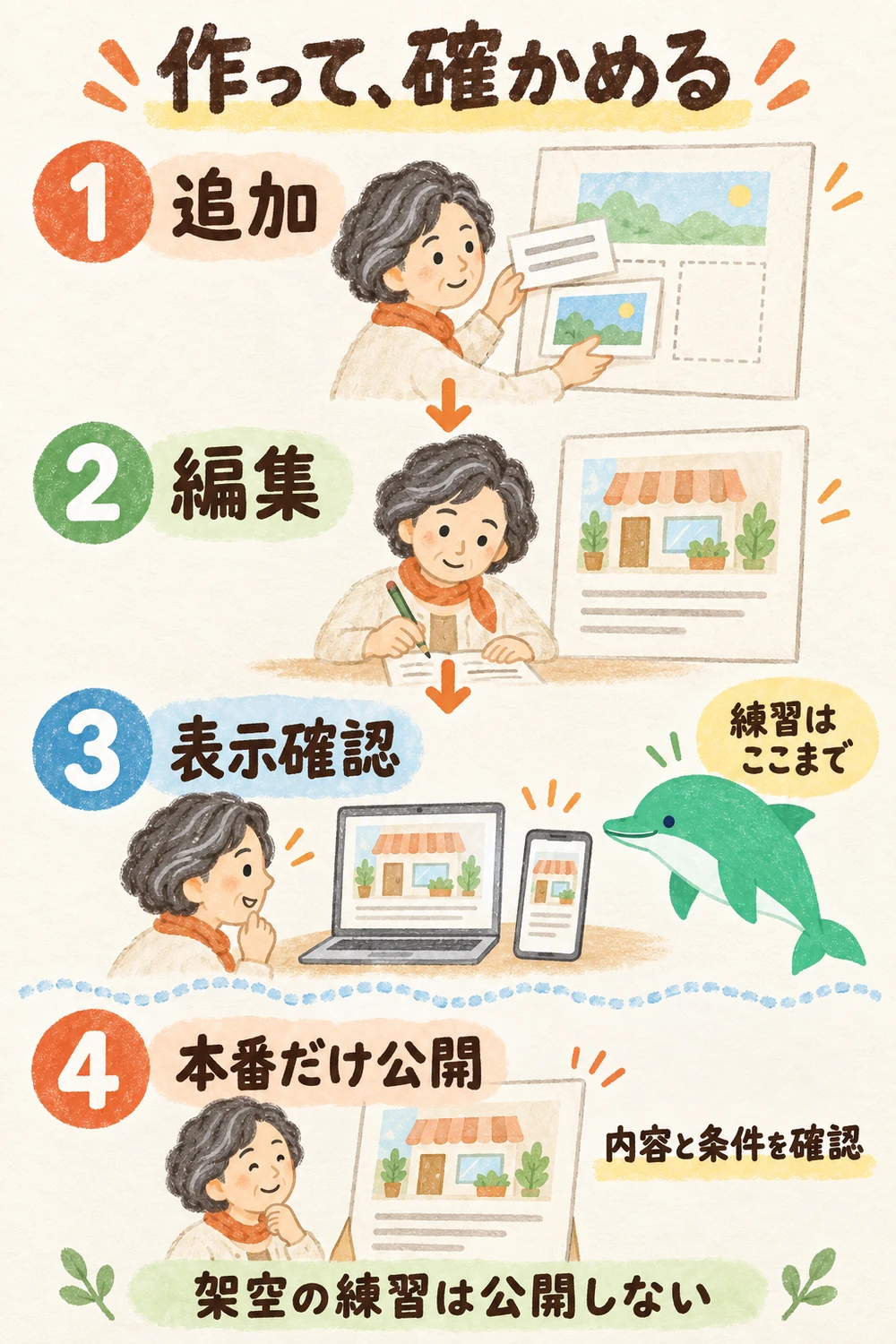 ブロックを追加し、内容を編集し、端末ごとの表示を確認する。練習は表示確認まで。本番の公開は内容と条件を確認してから。